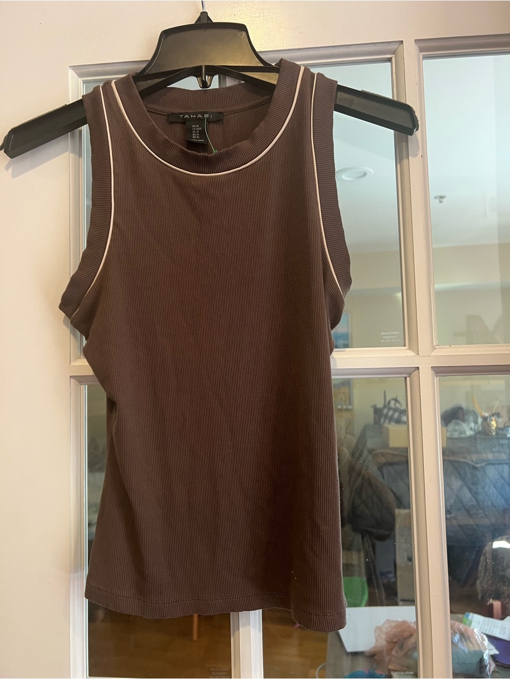 Tahari Brown Ribbed Tank with Cream Trim